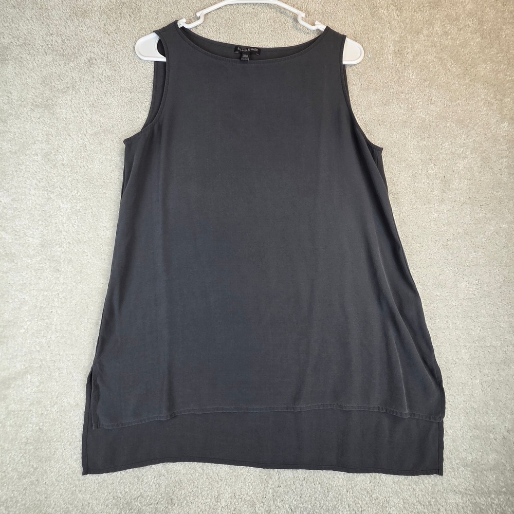 Eileen Fisher Silk Tank Top Charcoal Gray Boat Neck High-Low PM